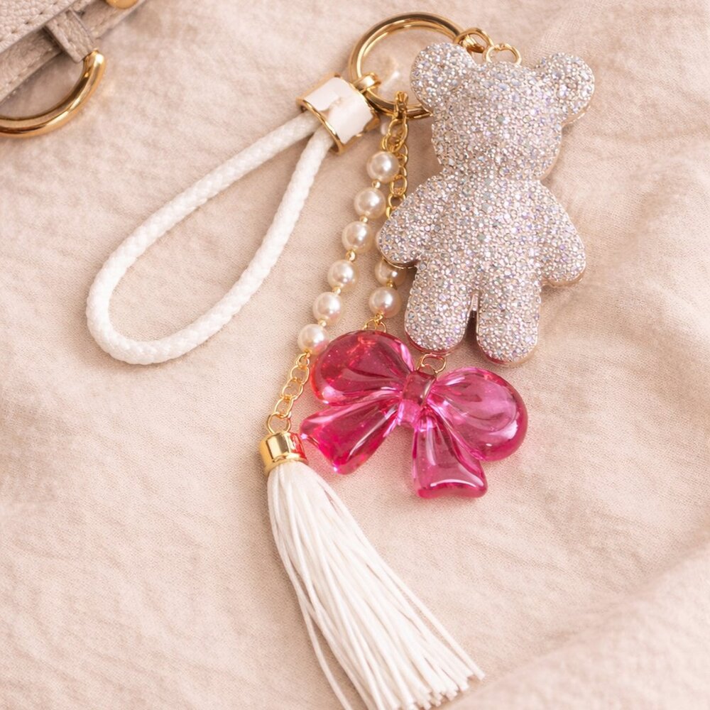 Handcrafted Rhinestone Teddy Bear Bag Charm Pearl Pink Bow Tassel Gold Tone - Picture 2 of 8